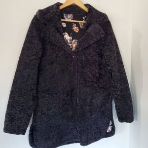 NIKKI JONES Sz S Reversible Faux Persian Lamb/Faux Suede Black Metal Floral Coat